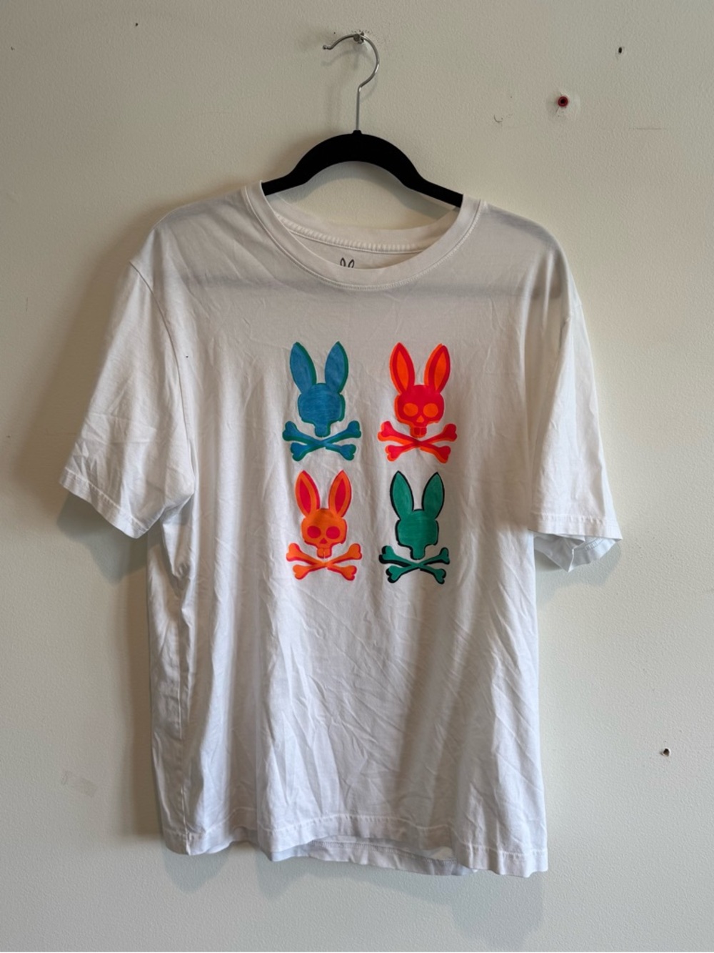 Psycho Bunny White Short-Sleeve Tee Neon Bunny Skull Graphics XL Streetwear